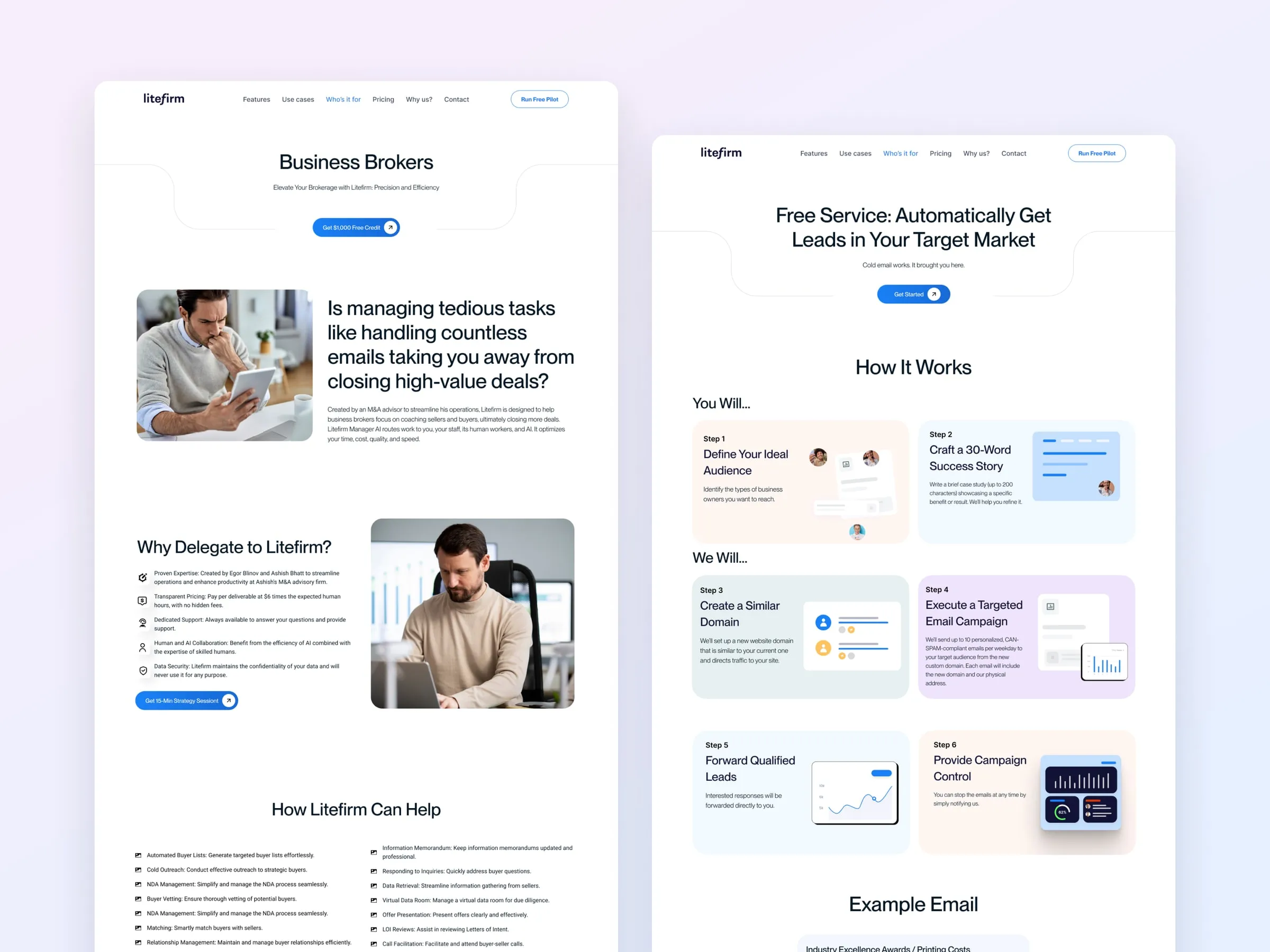 Litefirm business brokers audience page and lead-generation landing page