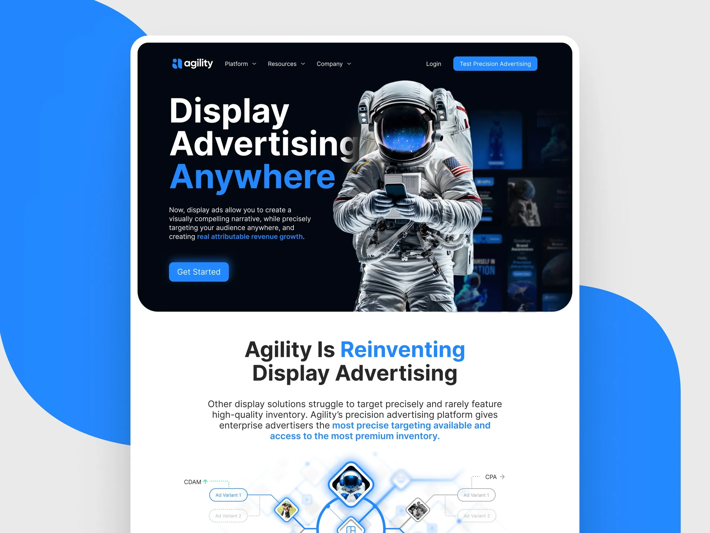Agility display advertising page on a bright blue background