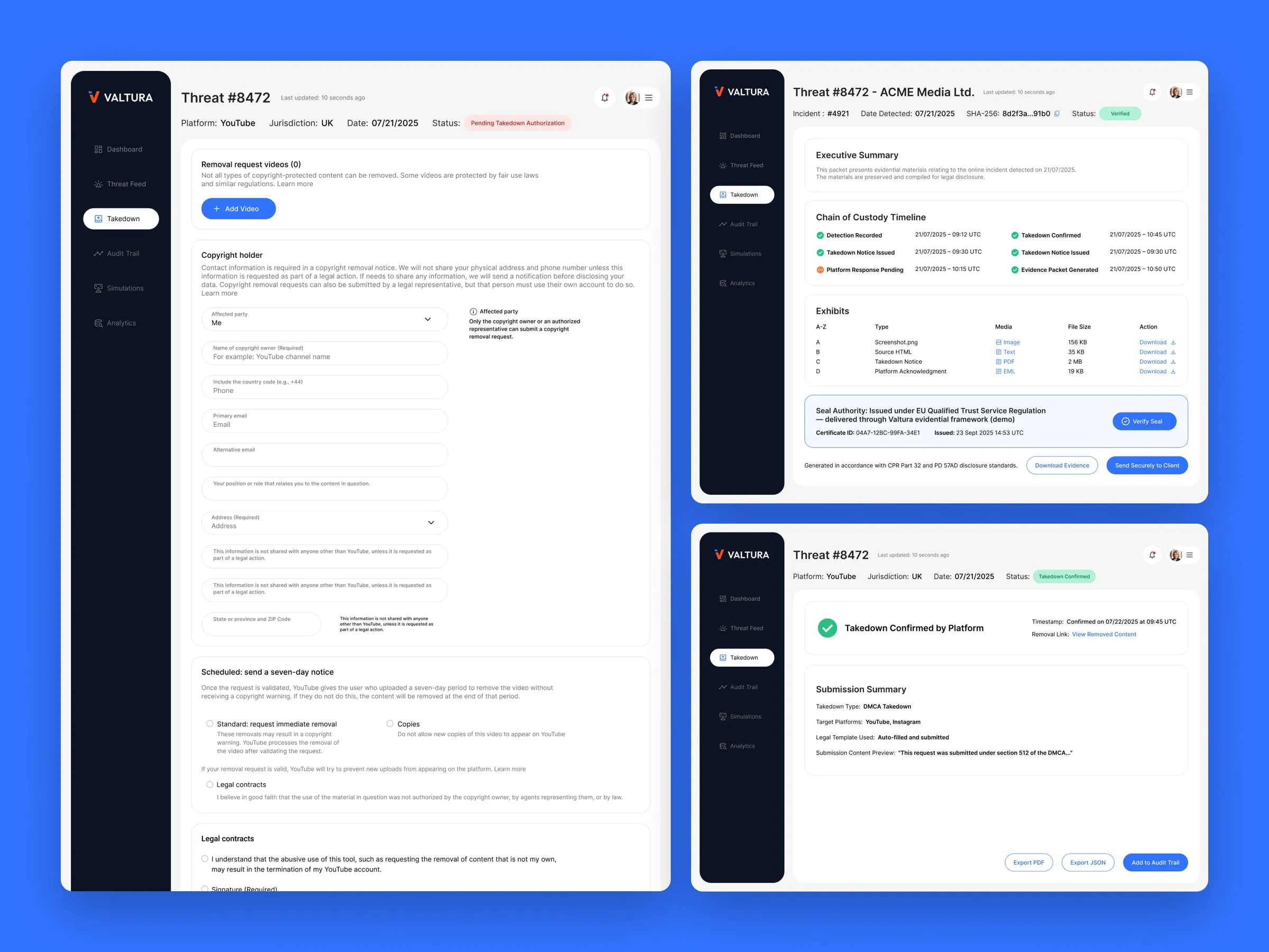 Valtura takedown request screens with the chain of custody timeline