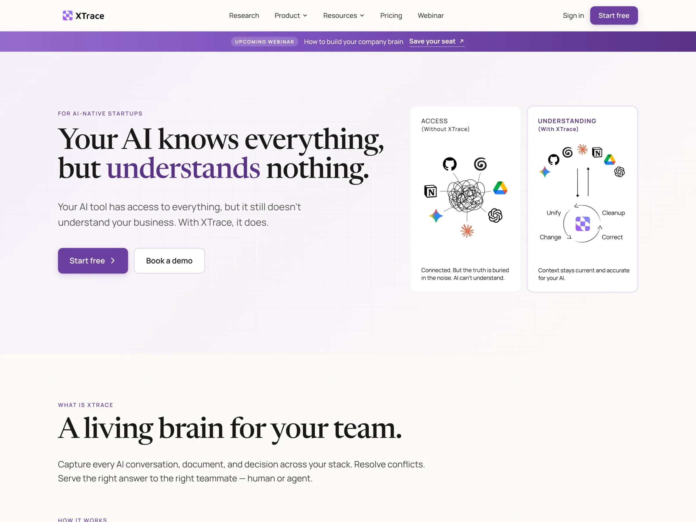 XTrace home page hero, "Your AI knows everything, but understands nothing.", with access and understanding cards