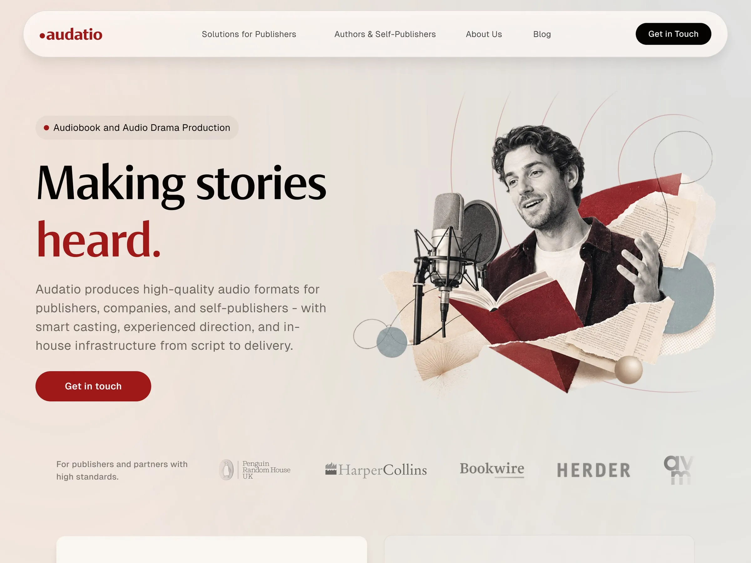 Audatio home page hero, "Making stories heard.", with a collage of a narrator at a microphone