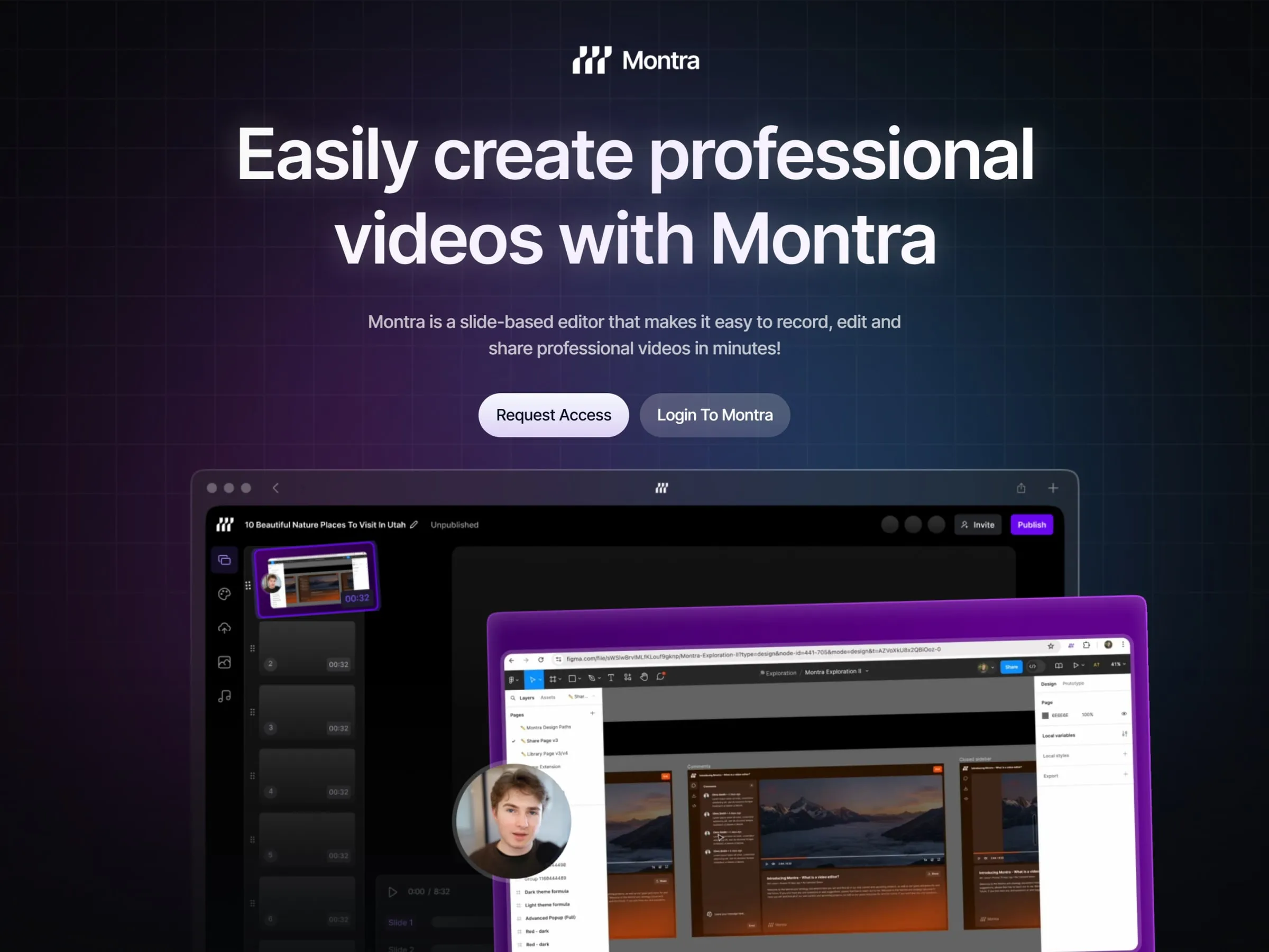 Montra dark launch page hero with a violet glow, an interactive grid and the product UI