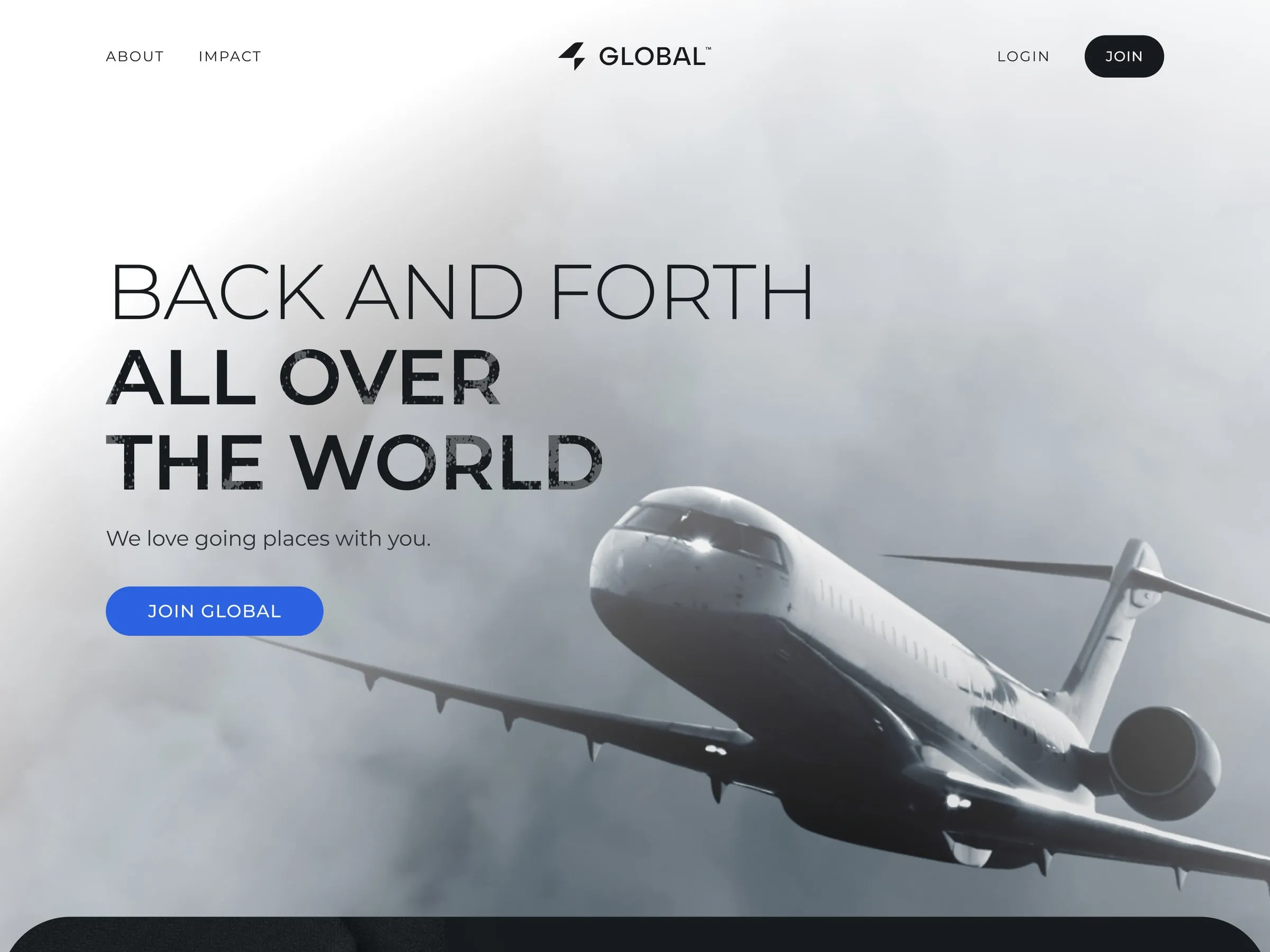 Global home page hero, "Back and forth all over the world", with a private jet flying through clouds