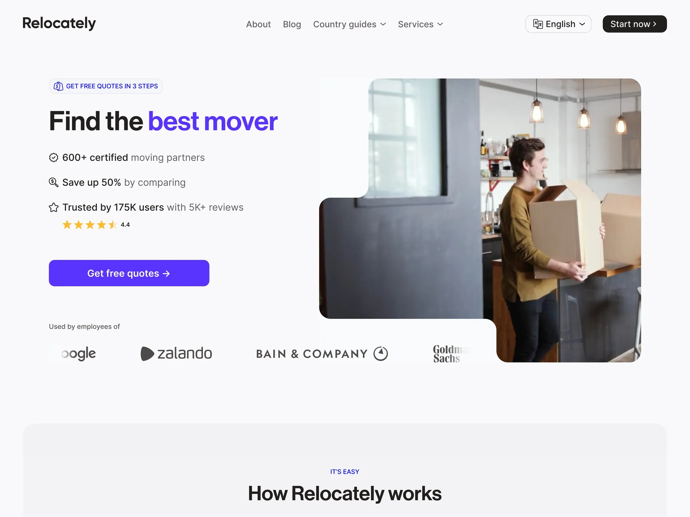 Relocately home page hero before and after the redesign: after