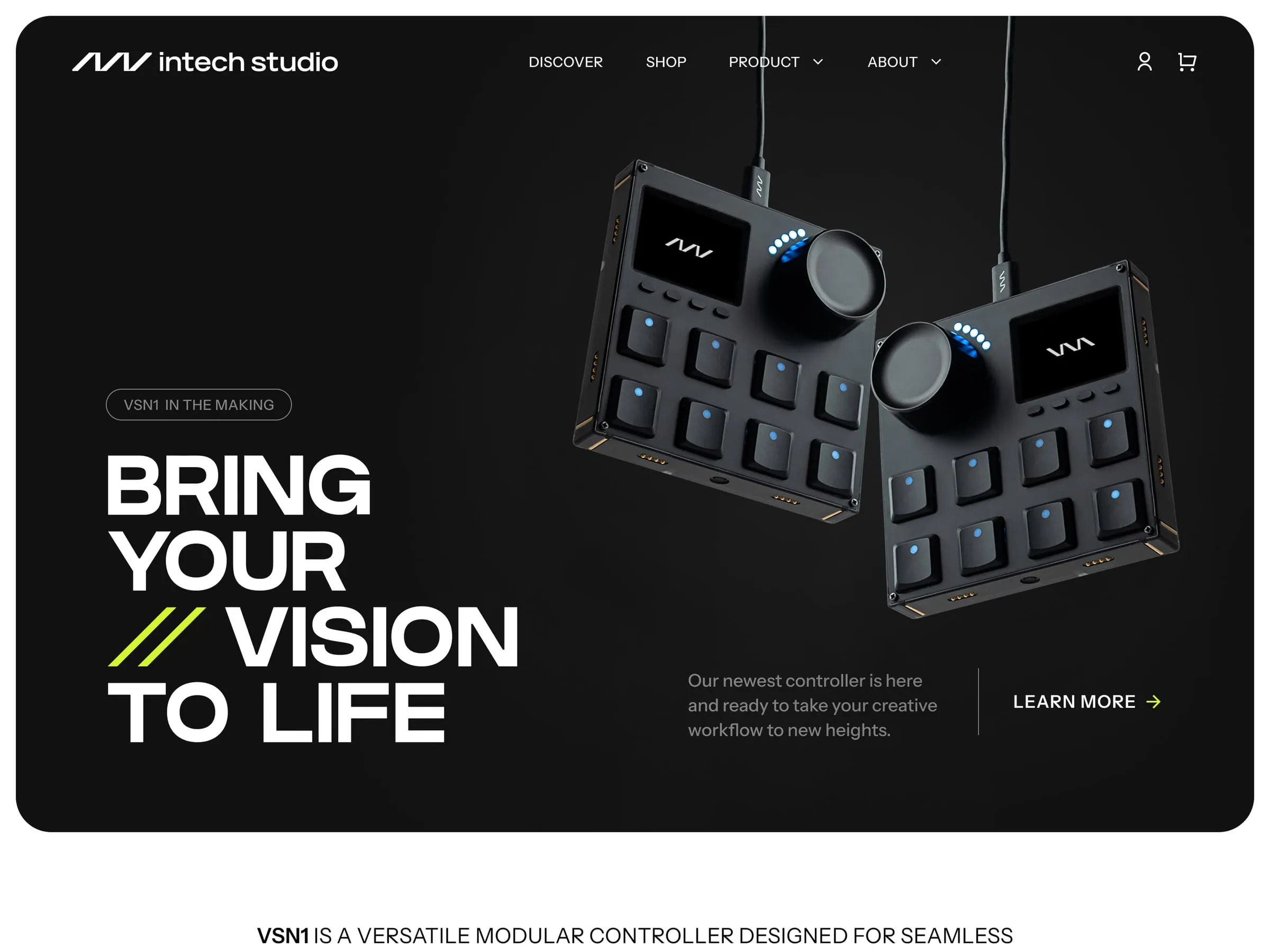 VSN1 landing page hero, the previous site against the new design: after