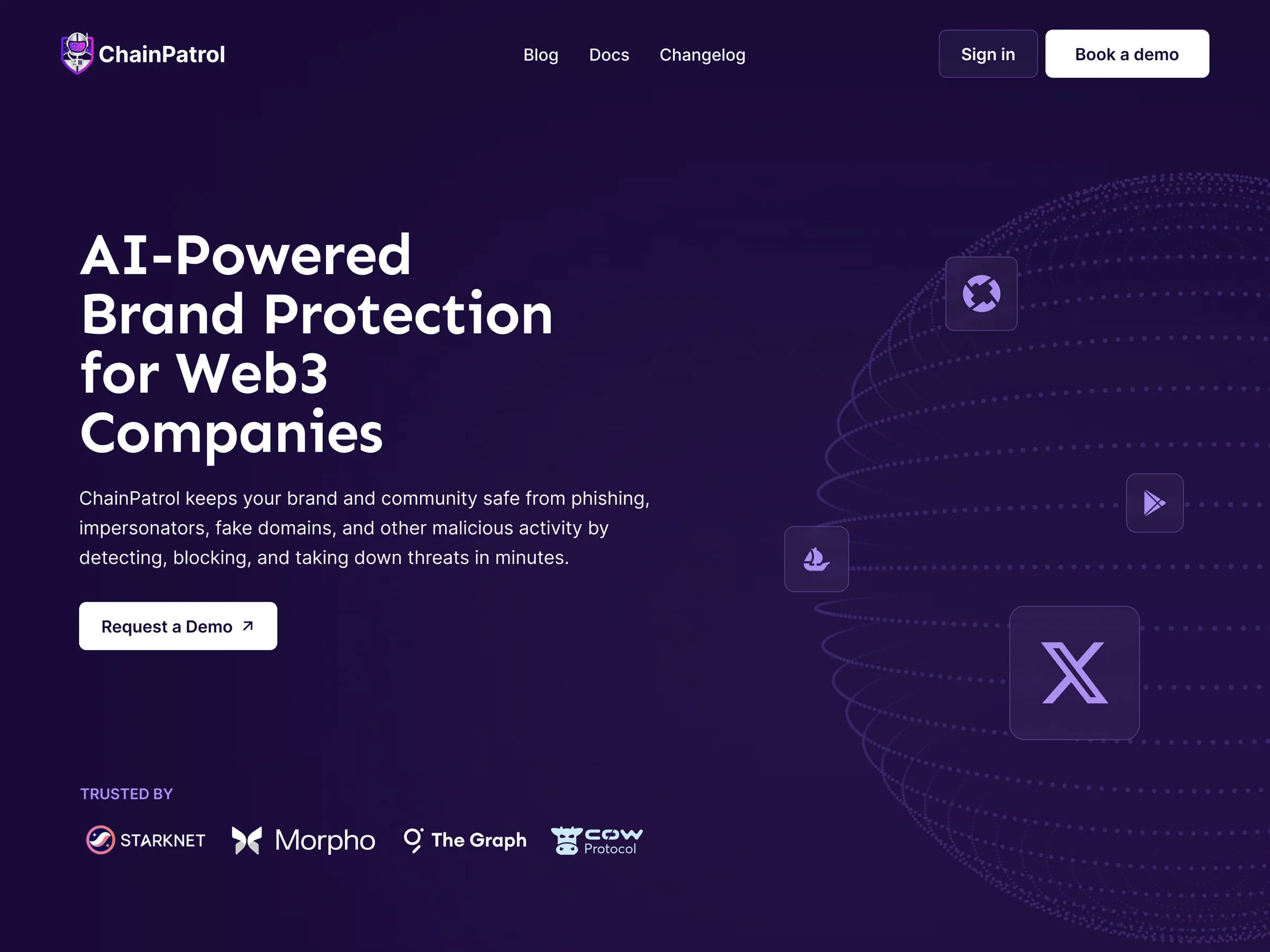 ChainPatrol home page hero, "AI-Powered Brand Protection for Web3 Companies", on a deep purple background with trusted-by logos