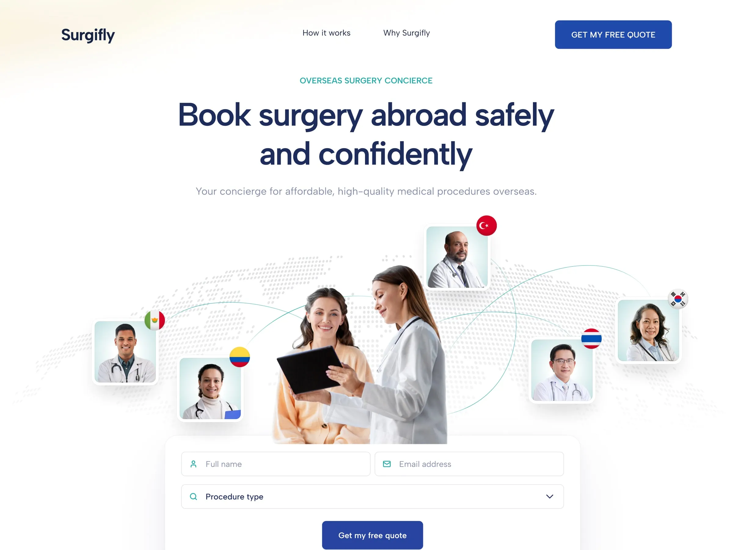 Surgifly home page hero before and after the redesign: after