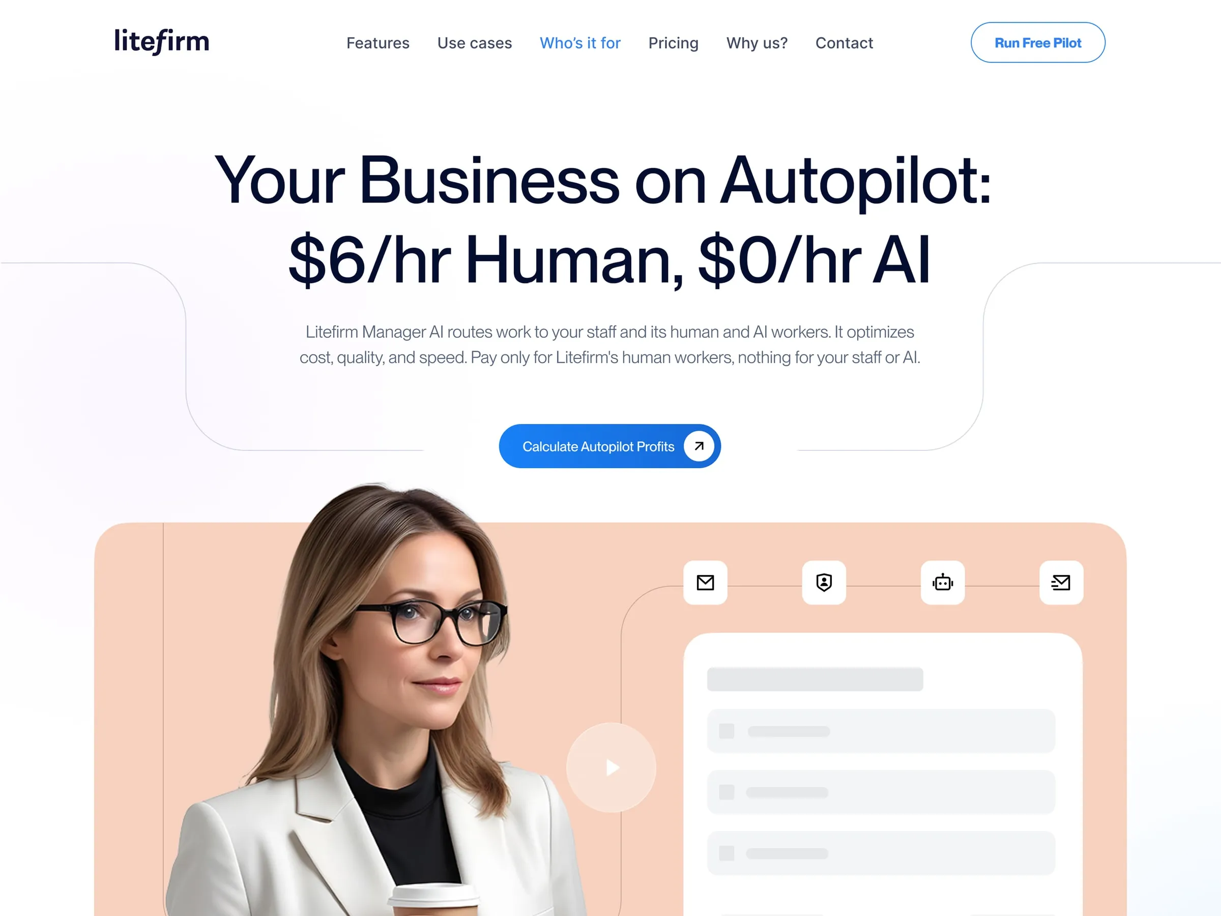 Litefirm home page hero as a wireframe and as the final design: final